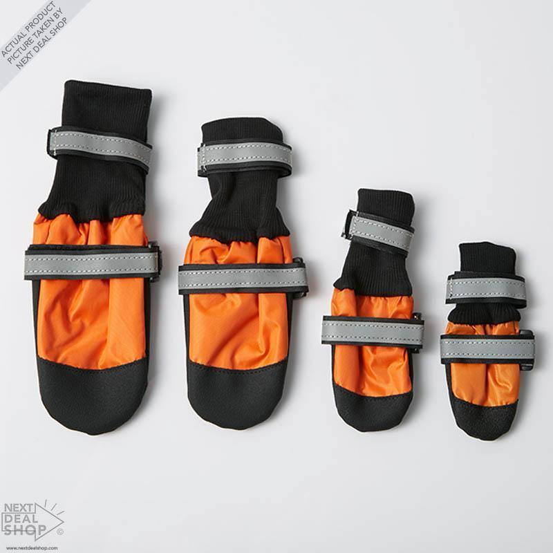 Botas para Animais de Estimação en diferentes tallas, color naranja y negro, ideales para proteger patas de mascotas.