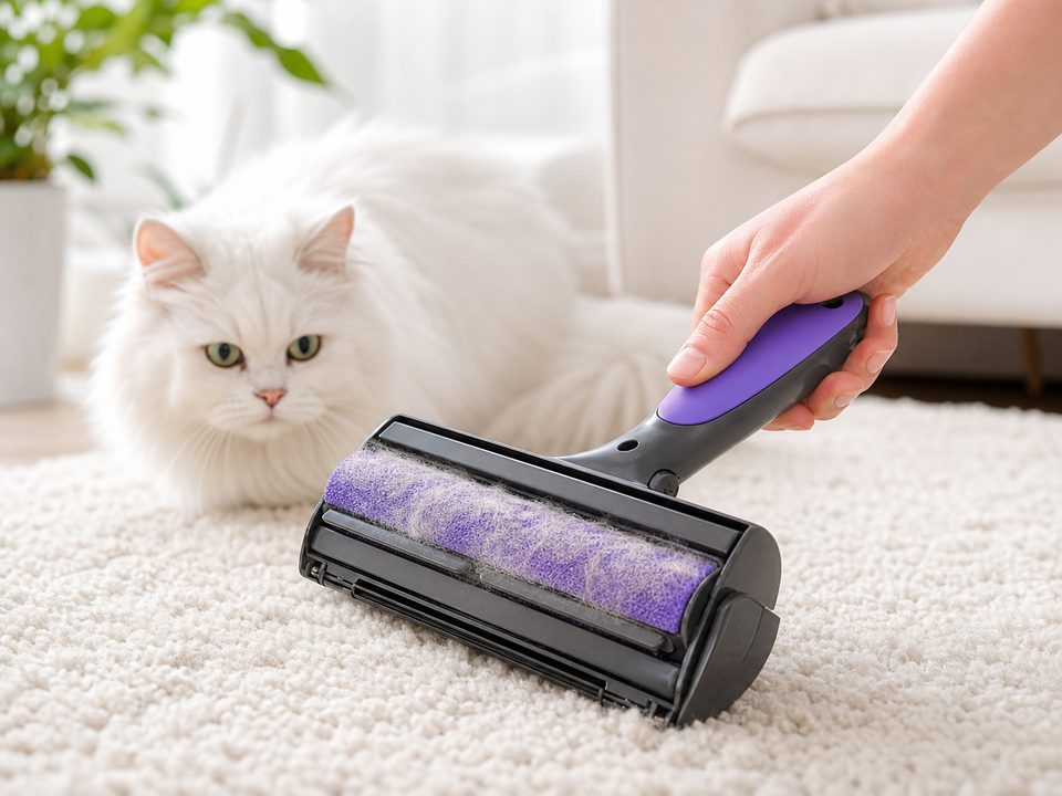 Removedor sónico de pelos de animales limpiando una alfombra con un gato blanco en el fondo.